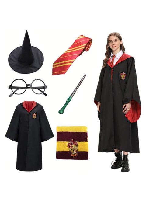Compatible for 6 Piece Cos Performing Set, Gryffindor Deluxe Robe Childs Costume with Wand Tie Scarf,Costume for  Fans Cosplay Gifts Accessory-XXL